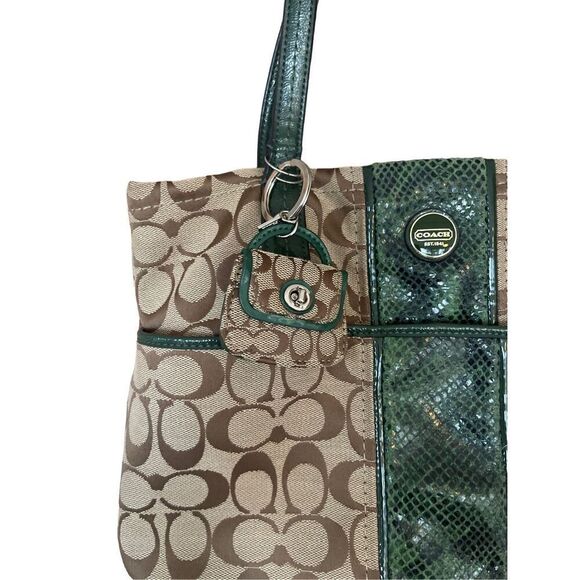 Coach Womens Khaki & Green Double Handle Signature Stripe Python Tote Bag - Picture 5 of 8
